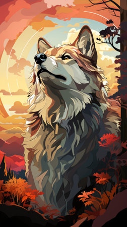 A painting of a wolf in the woods.の素材