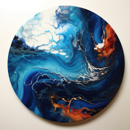 A circular painting of a blue and orange wave. Fluid art, circular liquid acrylic or resin art piece.の素材