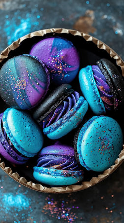 A bowl filled with purple and blue macarons. Tasty colorful galaxy macarons.の素材