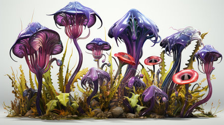 In a fantastical garden, whimsical surreal flowers bloom with vibrant colors and intricate details. Each petal dances with surreal twists, kaleidoscope of imagination and artistic flair.の素材