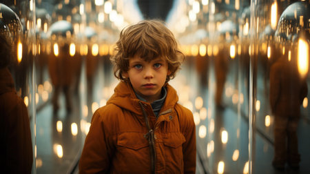 A little boy standing in front of a mirror, glass corridor with multiple reflections and lights out of focus.の素材