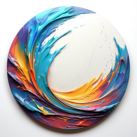 A circular painting of a colorful wave on a white surface. Fluid art, circular liquid acrylic or resin art piece.の素材