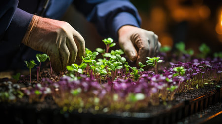 Hands in purple gloves, tending to a microgreen carpet on a sustainable plant farm, healthy food production using hydroponics, detailed and realistic imageの素材