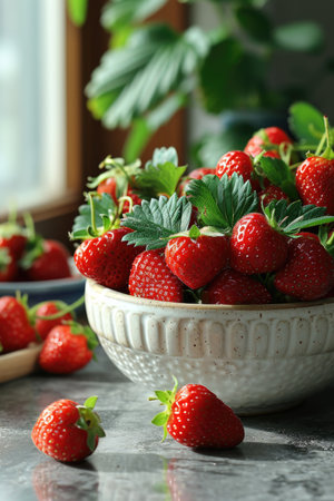 Strawberry plant in a pot with vibrant green foliage and ripe red strawberries is sitting on a windowsill.の素材