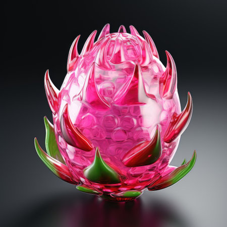 A close up of a dragon fruit on a table.の素材