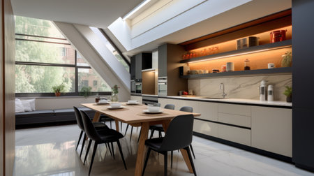 A kitchen with a dining table and chairs. Modern light kitchen interior.の素材