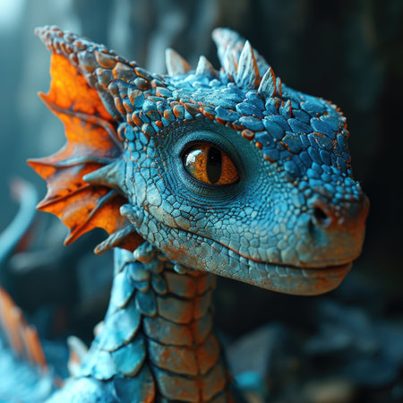 A close up of a blue and orange dragon statue. Happy Chinese New Year 2024, Year of the Dragon.の素材