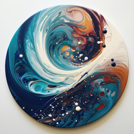 A picture of a painting on a wall. Fluid art, circular liquid acrylic or resin art piece.の素材