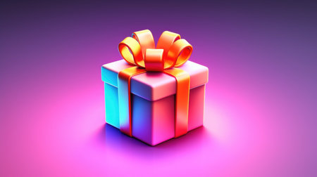 A pink and blue gift box with a yellow bow. Synthwave, neon colors, 80s vibeの素材