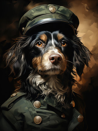 A painting of a dog wearing a military uniform.の素材