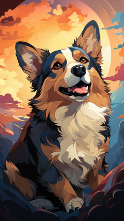 A corgi dog sitting on a rock in front of a full moon.の素材