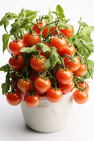 A white ceramic pot with a thriving cherry tomato plant. The vibrant green foliage and ripe red tomatoes.の素材