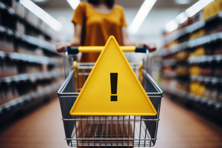 A woman pushing a shopping cart with a yellow sign. Price increases and quality cuts decreasing satisfaction of consumers. Yellow warning sign on a shopping cart.の素材