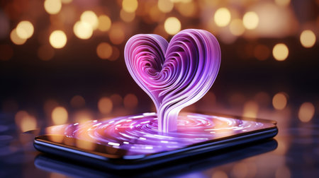A cell phone with a paper heart on top of it. Romantic relationships powered by new innovative ai technologies.の素材