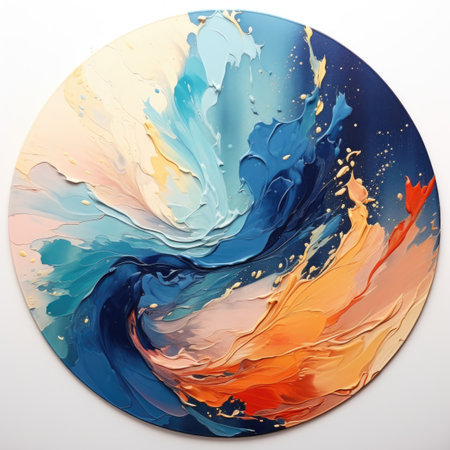 A painting of a wave is shown on the wall. Fluid art, circular liquid acrylic or resin art piece.の素材