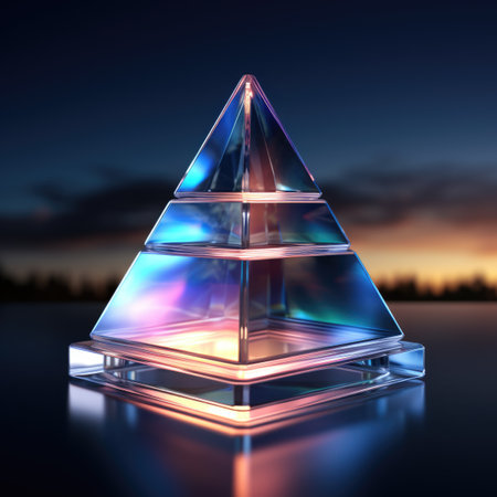 A pyramid shaped object on a reflective surface.の素材