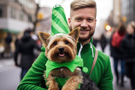 A man holding a small dog wearing a green hat. St Patrickss day celebration in green costumes.の素材