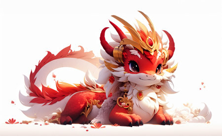 A red and white dragon sitting on a white surface. Happy Chinese New Year 2024, Year of the Dragon.の素材