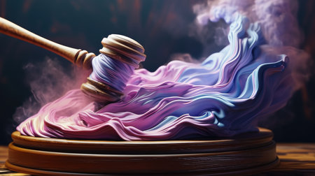 A wooden judges gavel on top of a pile of purple and blue fabric. Legal regulation of novel innovative ai technologies, concept image.の素材