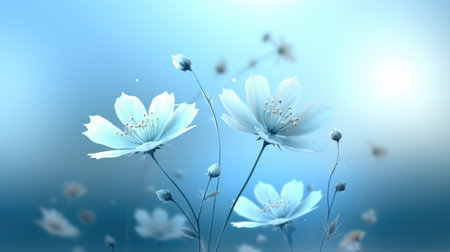 A group of white flowers on a blue background. Simple abstract monochromatic spring wallpaper background.の素材