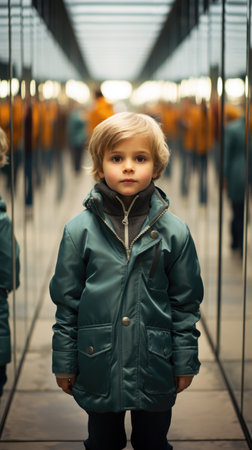 A little boy standing in front of a mirror, glass corridor with multiple reflections and lights out of focus.の素材