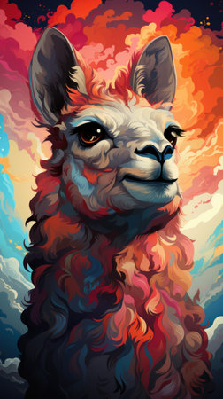A painting of a llama against a cloudy sky.の素材