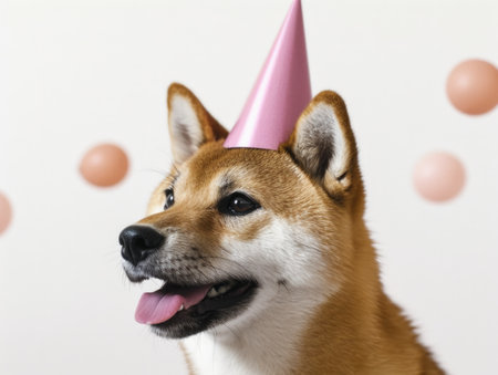 A dog wearing a pink party hat with balloons in the background.の素材