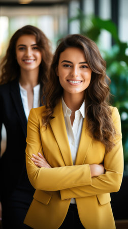 Two women standing next to each other with their arms crossed. Elegant business woman in tailored suitの素材