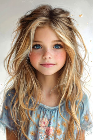 A young girl with long blonde hair and blue eyes. Clipart isolated on white background.の素材