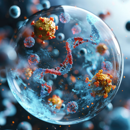 A close up of a glass ball with a lot of small objects in it.の素材