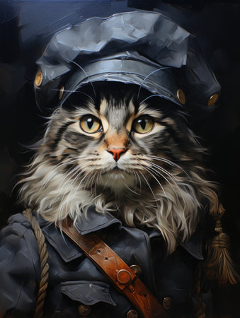 A painting of a cat wearing a military uniform.の素材