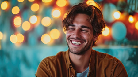 A young man smiles while sitting in front of a christmas tree.の素材