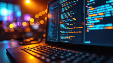 A laptop computer sitting on top of a wooden table. Colorful code visible on computer screen.の素材