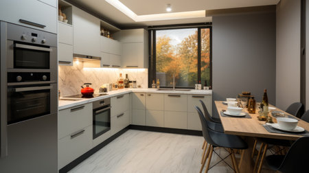 A kitchen with a table and chairs in it. Modern light kitchen interior.の素材