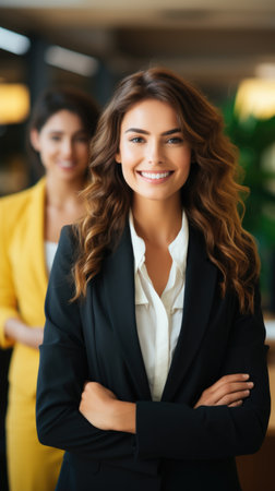 An elegant business woman in tailored suit with a female colleague behind.の素材