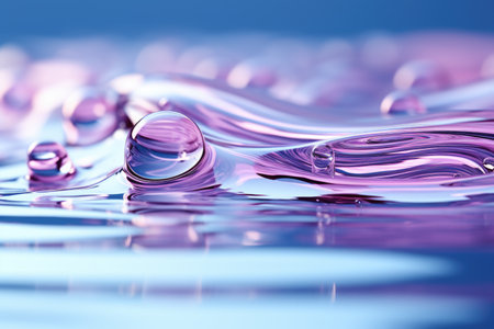 A close up of water droplets on a surface. Abstract wallpaper background in pink and purple.の素材