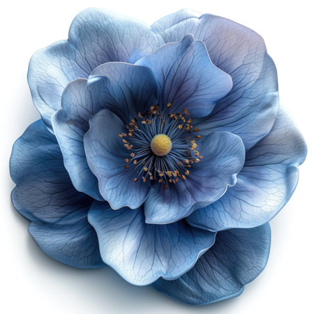 A close up of a blue flower on a white surface.の素材
