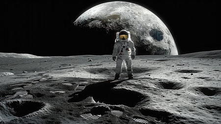 An astronaut standing on the surface of the moon.の素材