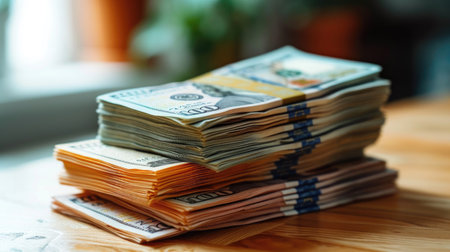 A stack of money sitting on top of a wooden table.の素材