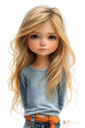 A painting of a little girl with long blonde hair. Clipart isolated on white background.の素材