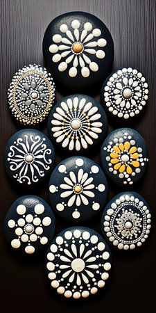 A group of painted rocks sitting on top of a table. Painting mandala pattern, art therapy.の素材