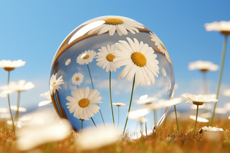 A glass ball sitting in the middle of a field of daisies.の素材