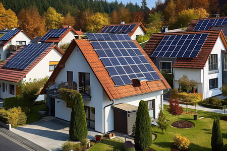 A row of houses with solar panels on the roof.の素材