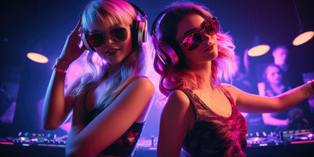 Two women wearing sunglasses and headphones in a nightclub. Dual 80s Groove: Two women, shades on, rocking headphones, channeling the electric vibes of the iconic 80s era with styleの素材