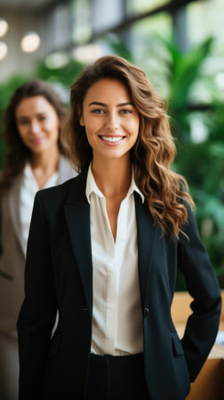A woman in a business suit standing next to another woman. Elegant business woman in tailored suitの素材