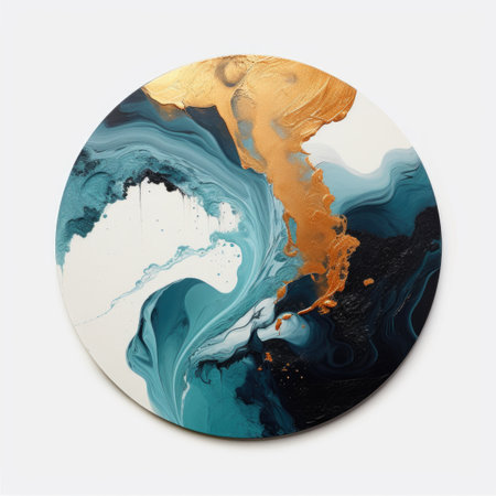 A circular painting with gold and blue paint on it. Fluid art, circular liquid acrylic or resin art piece.の素材