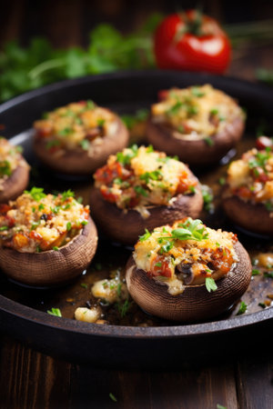 A pan filled with stuffed mushrooms on top of a wooden table.の素材