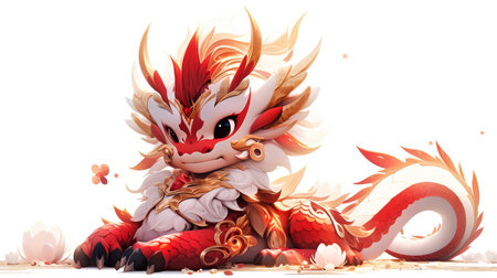 A red and white dragon sitting on the ground. Happy Chinese New Year 2024, Year of the Dragon.の素材
