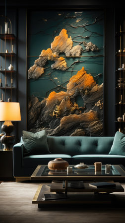 A living room filled with furniture and a painting.の素材