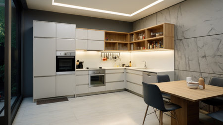 A kitchen with a table and chairs in it. Modern light kitchen interior.の素材